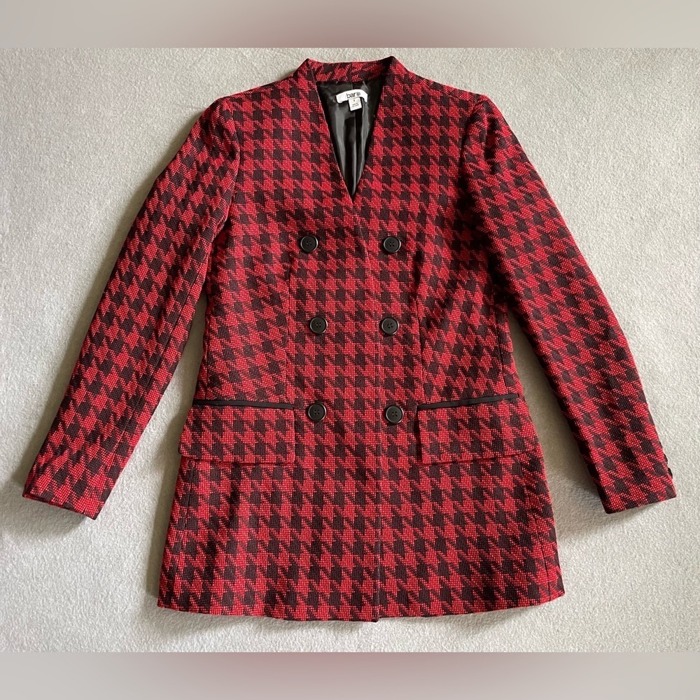 Bar III Womens Size 2 Red Black Houndstooth Print Button Up Coat Jacket DC32 - Picture 1 of 6